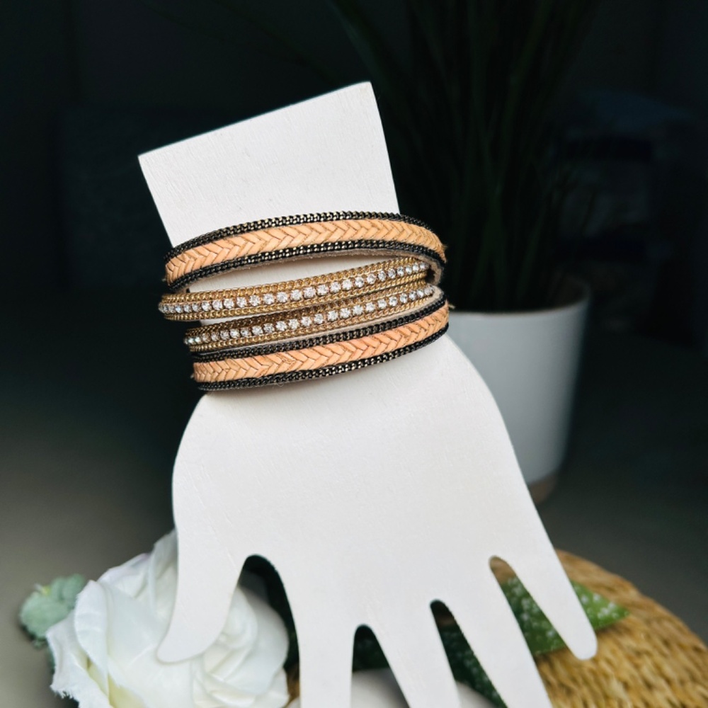 Multiple Layer Crystal, Brass, Braided Leather Wr… - image 3